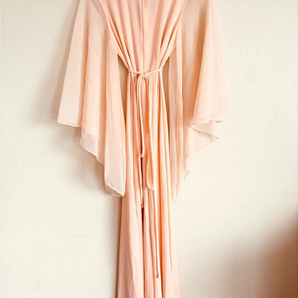 Vintage 1970s Peach Angel Wing Sleeve Deep V-neckline Empire Waist Maxi Dress - Picture 5 of 15